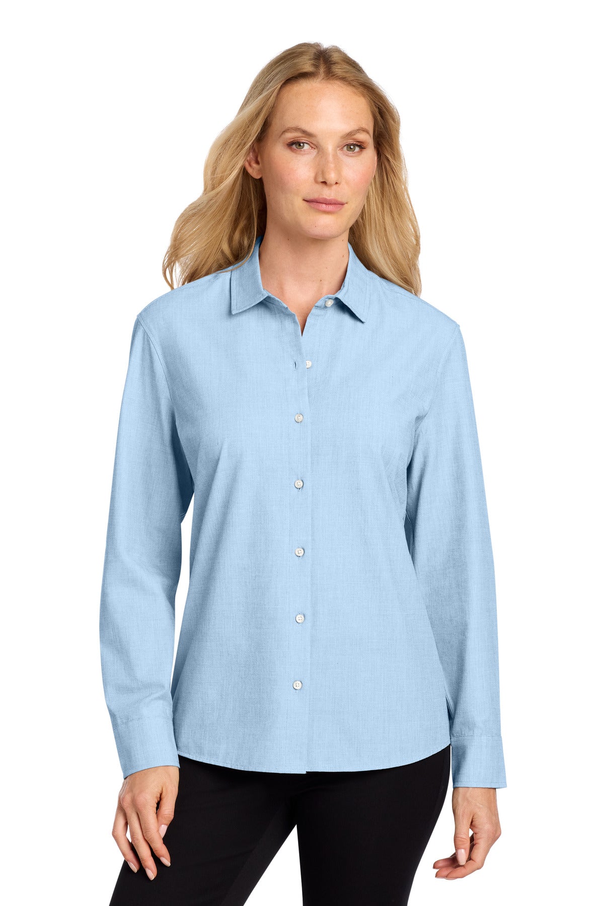 Front View of AirBlueEOE Mercer+Mettle Women's Long Sleeve Stretch Woven Shirt MM2001
