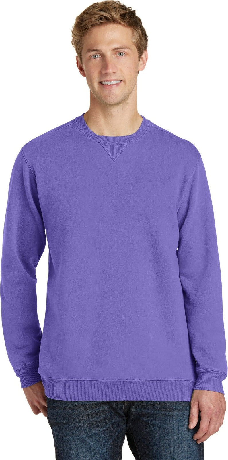 Front View of Amethyst Port & Co Beach Wash Garment-Dyed Crewneck Sweatshirt PC098