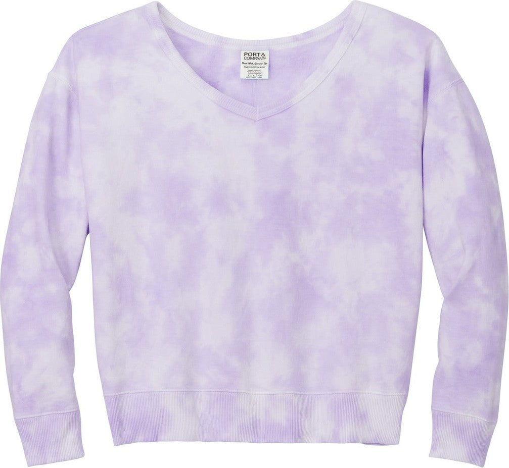 Front View of Amethyst Port & Co Women's Beach Wash Cloud Tie-Dye V-Neck Sweatshirt LPC140V