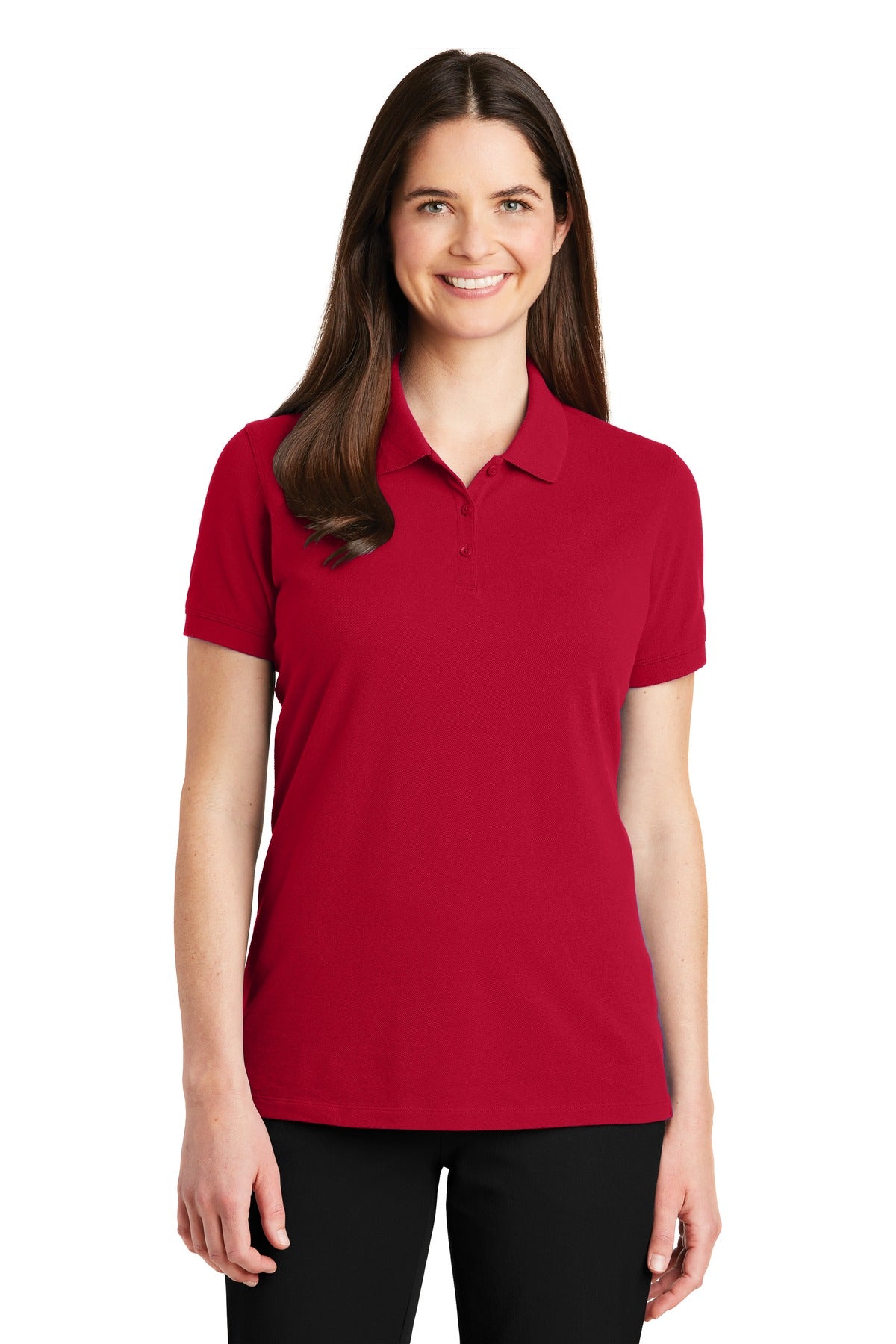 Front View of Apple Red Port Authority Women's EZCotton Polo. LK8000