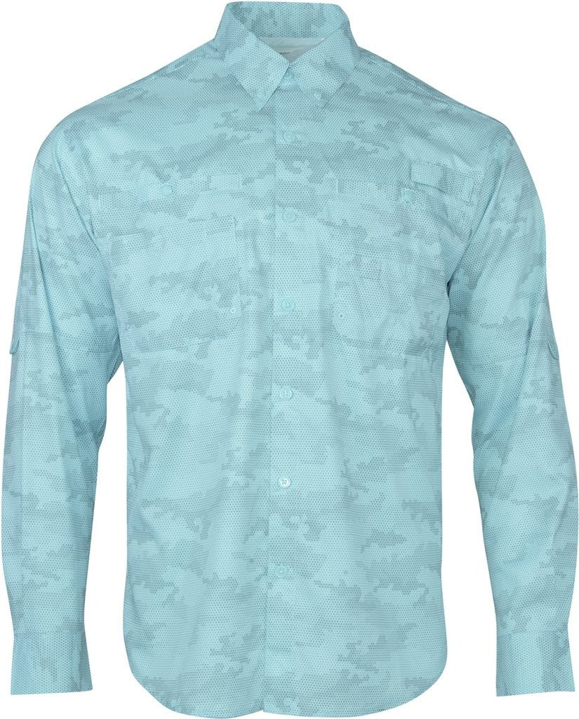 Front View of Aqua Blue Buxton Sublimated Long Sleeve Fishing Shirt - 709