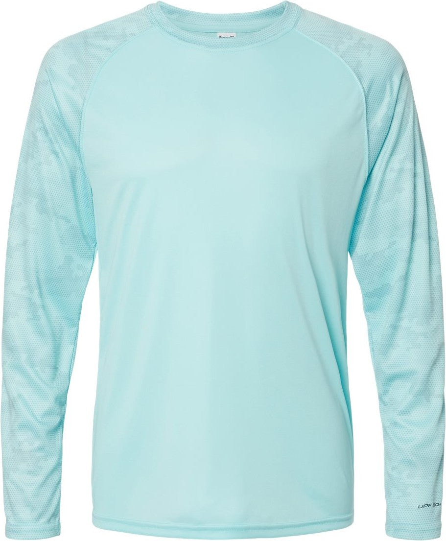 Front View of Aqua Blue Cayman Performance Camo Colorblocked Long Sleeve T-Shirt - 216