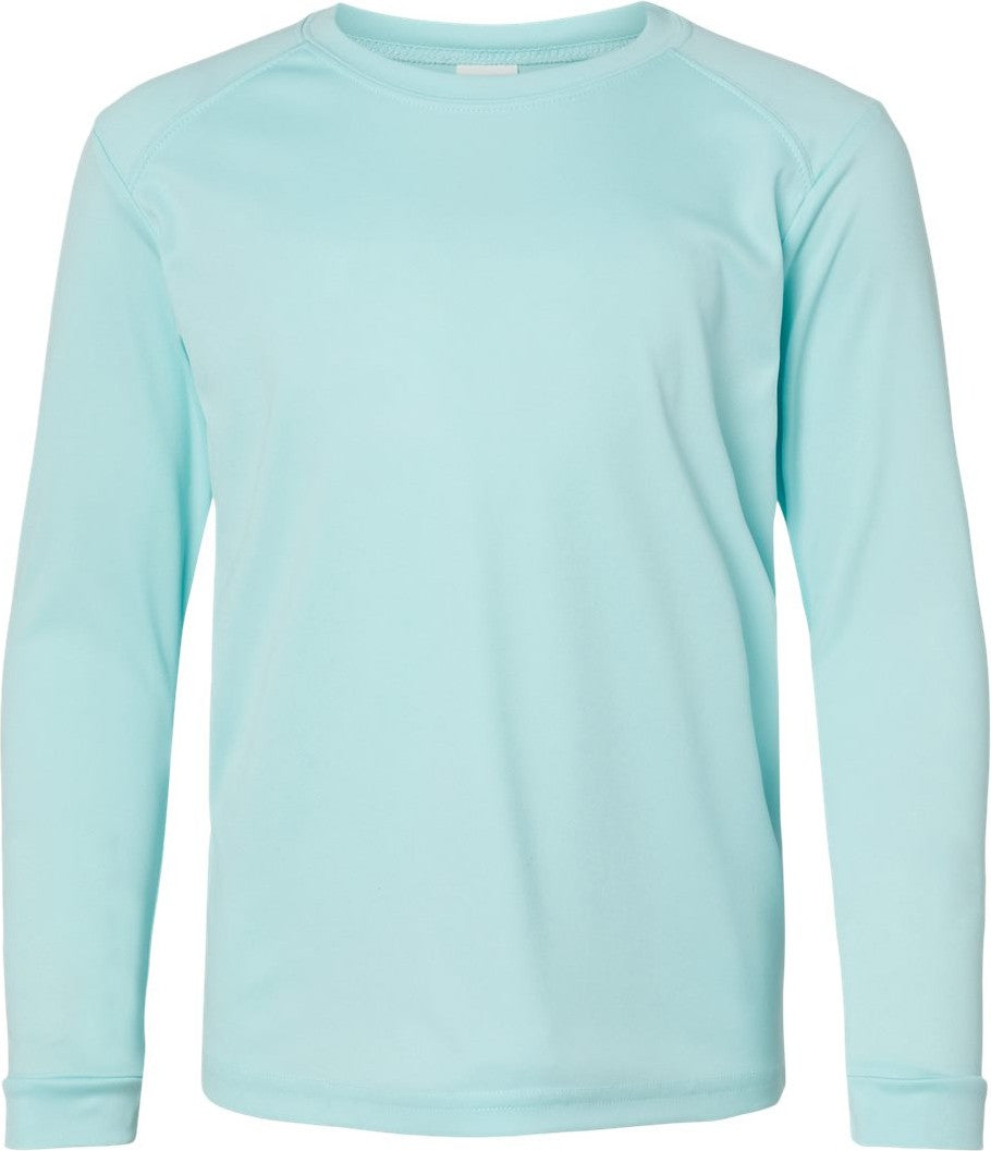 Front View of Aqua Blue Youth Long Islander Performance Long Sleeve T-Shirt - 218Y