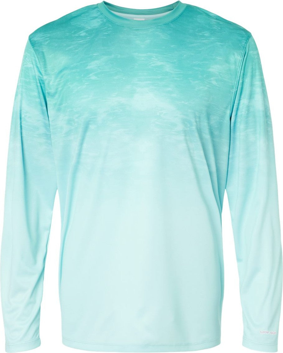 Front View of Aqua Fade Montauk Oceanic Fade Performance Long Sleeve T-Shirt - 229