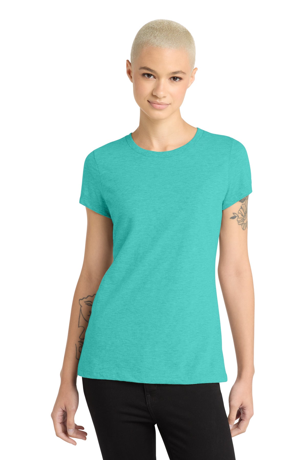 Front View of AquaHthr District Women's Perfect Blend CVC Tee. DM108L