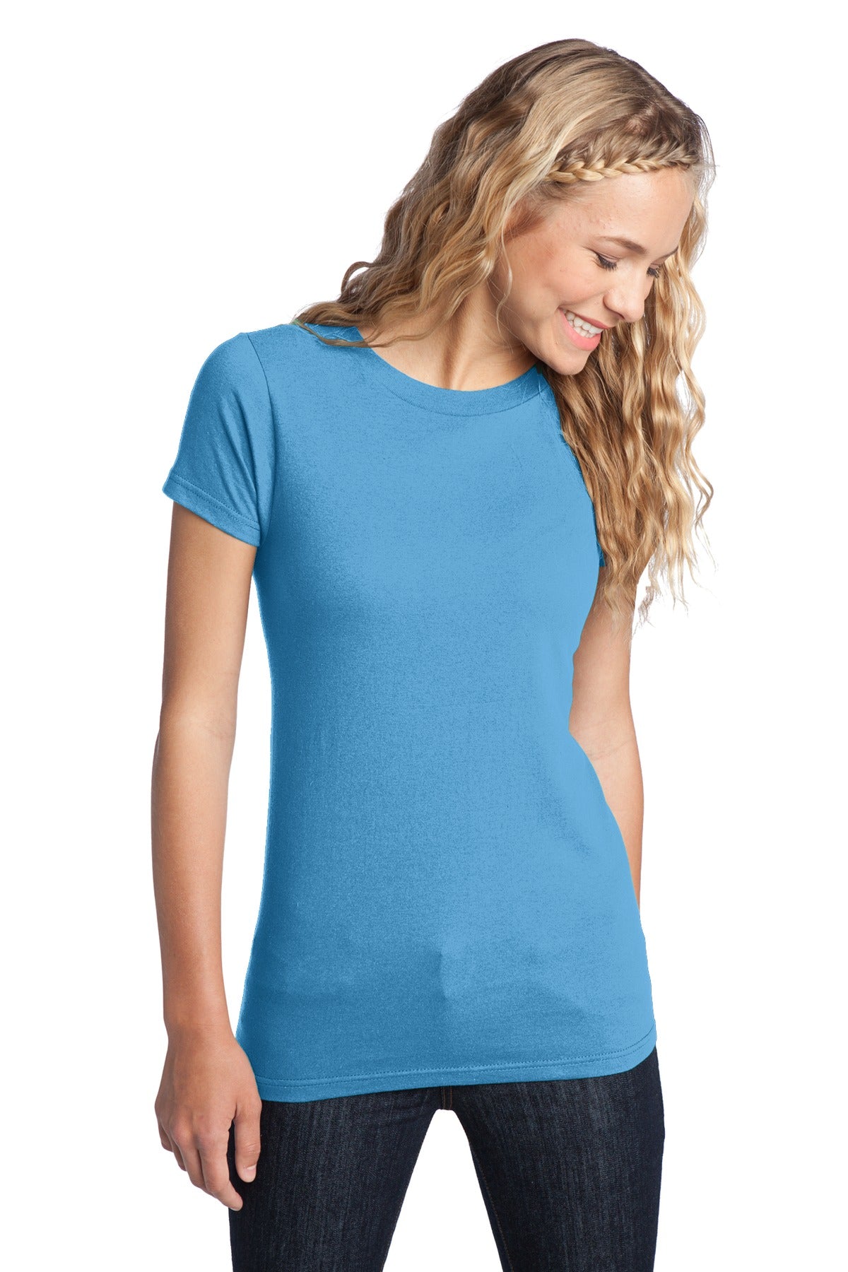 Front View of Aquatic Blue District Women's Fitted The Concert Tee DT5001