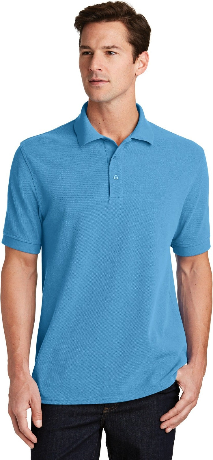 Front View of Aquatic Blue Port & Co Combed Ring Spun Pique Polo. KP1500