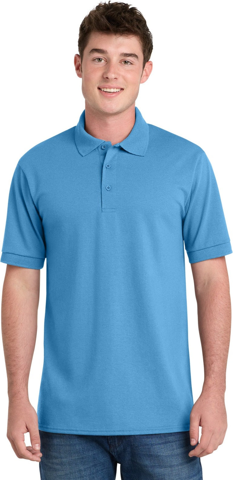 Front View of Aquatic Blue Port & Co Core Blend Jersey Knit Polo. KP55