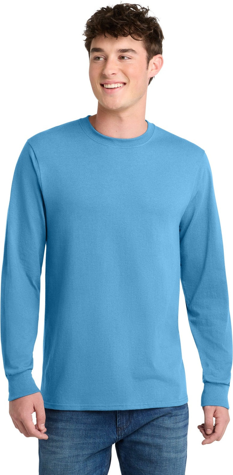Front View of Aquatic Blue Port & Co Long Sleeve Core Blend Tee. PC55LS