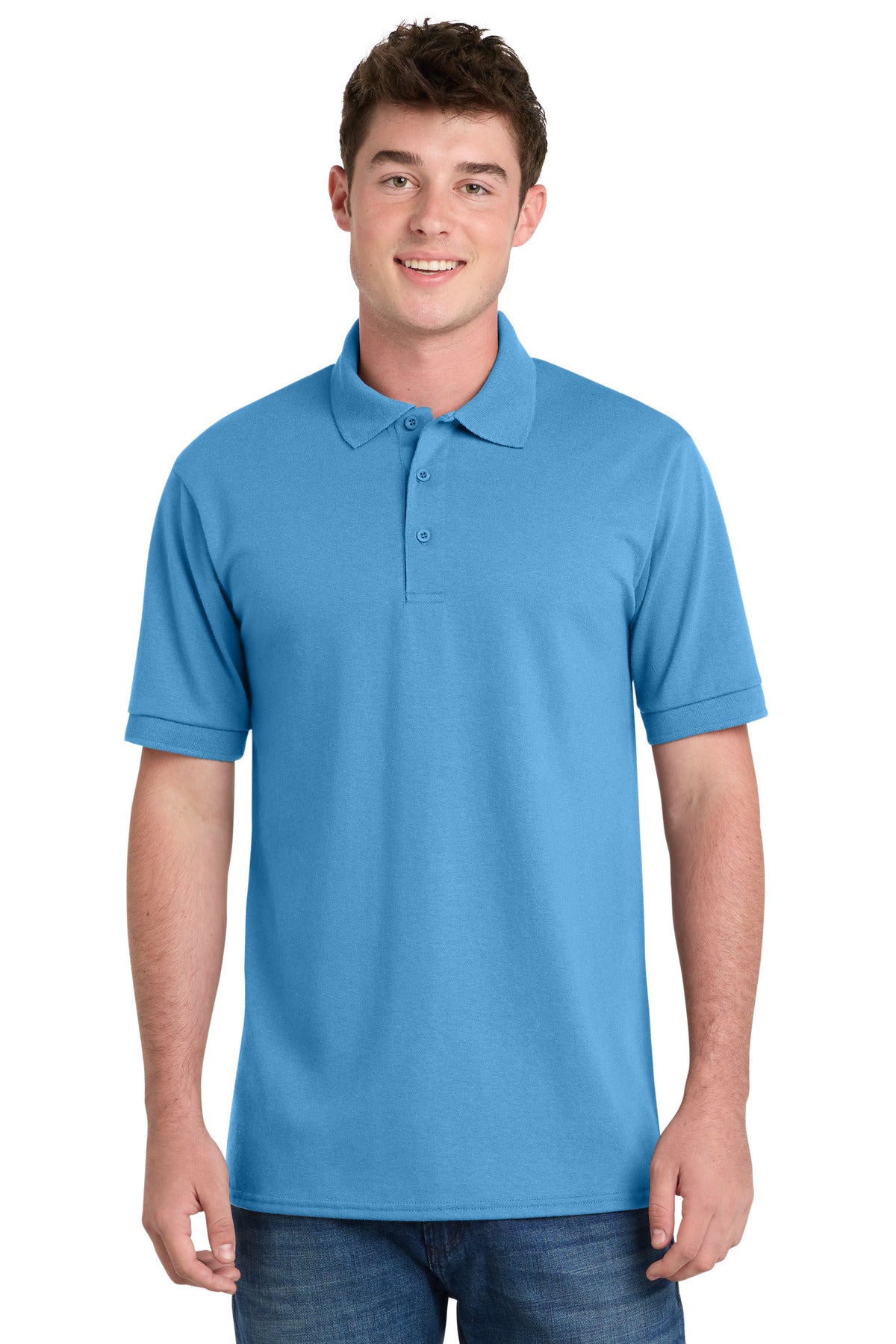 Front View of Aquatic Blue Port & Co Tall Core Blend Jersey Knit Polo. KP55T