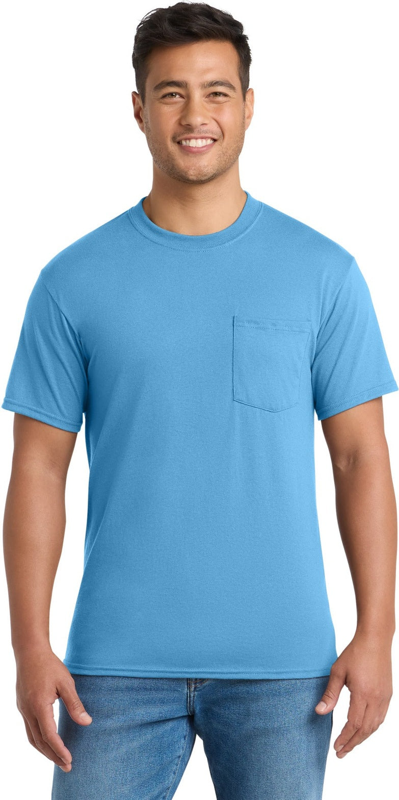 Front View of Aquatic Blue Port & Co Tall Core Blend Pocket Tee. PC55PT