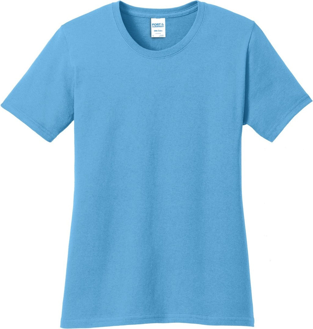 Front View of Aquatic Blue Port & Co Women's Core Cotton Tee. LPC54