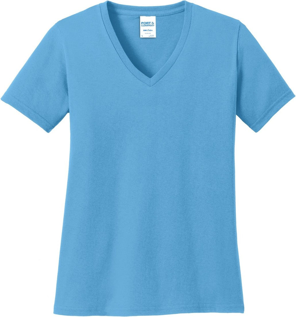 Front View of Aquatic Blue Port & Co Women's Core Cotton V-Neck Tee. LPC54V