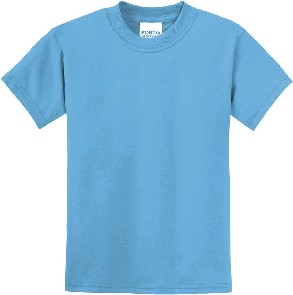 Front View of Aquatic Blue Port & Co Youth Core Blend Tee. PC55Y