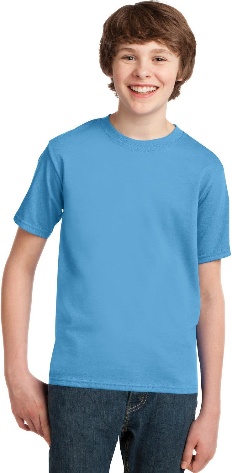 Front View of Aquatic Blue Port & Co Youth Essential Tee. PC61Y
