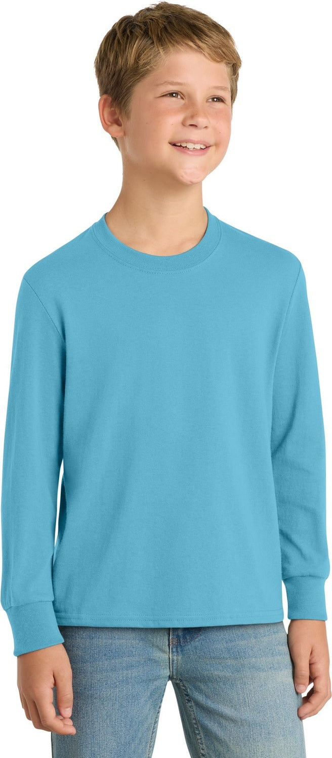 Front View of Aquatic Blue Port & Co Youth Long Sleeve Core Cotton Tee. PC54YLS