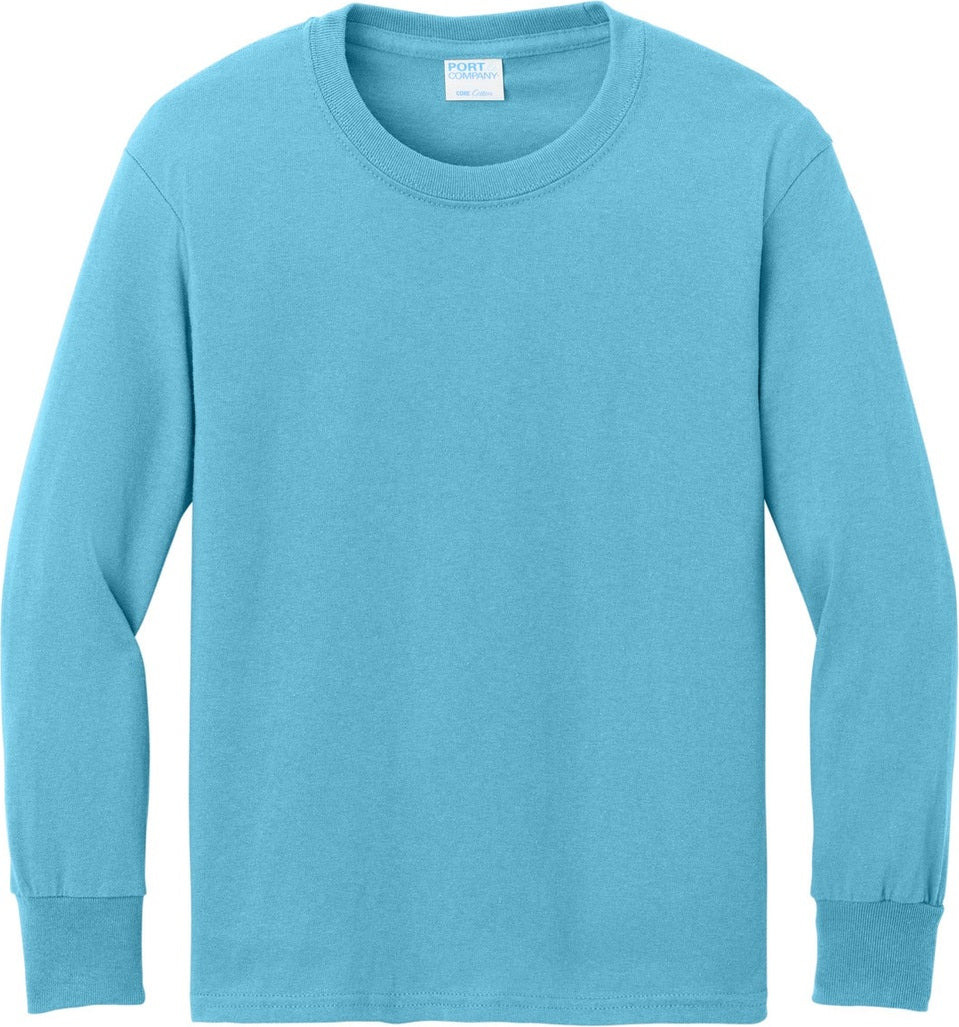 Front View of Aquatic Blue Port & Co Youth Long Sleeve Core Cotton Tee. PC54YLS