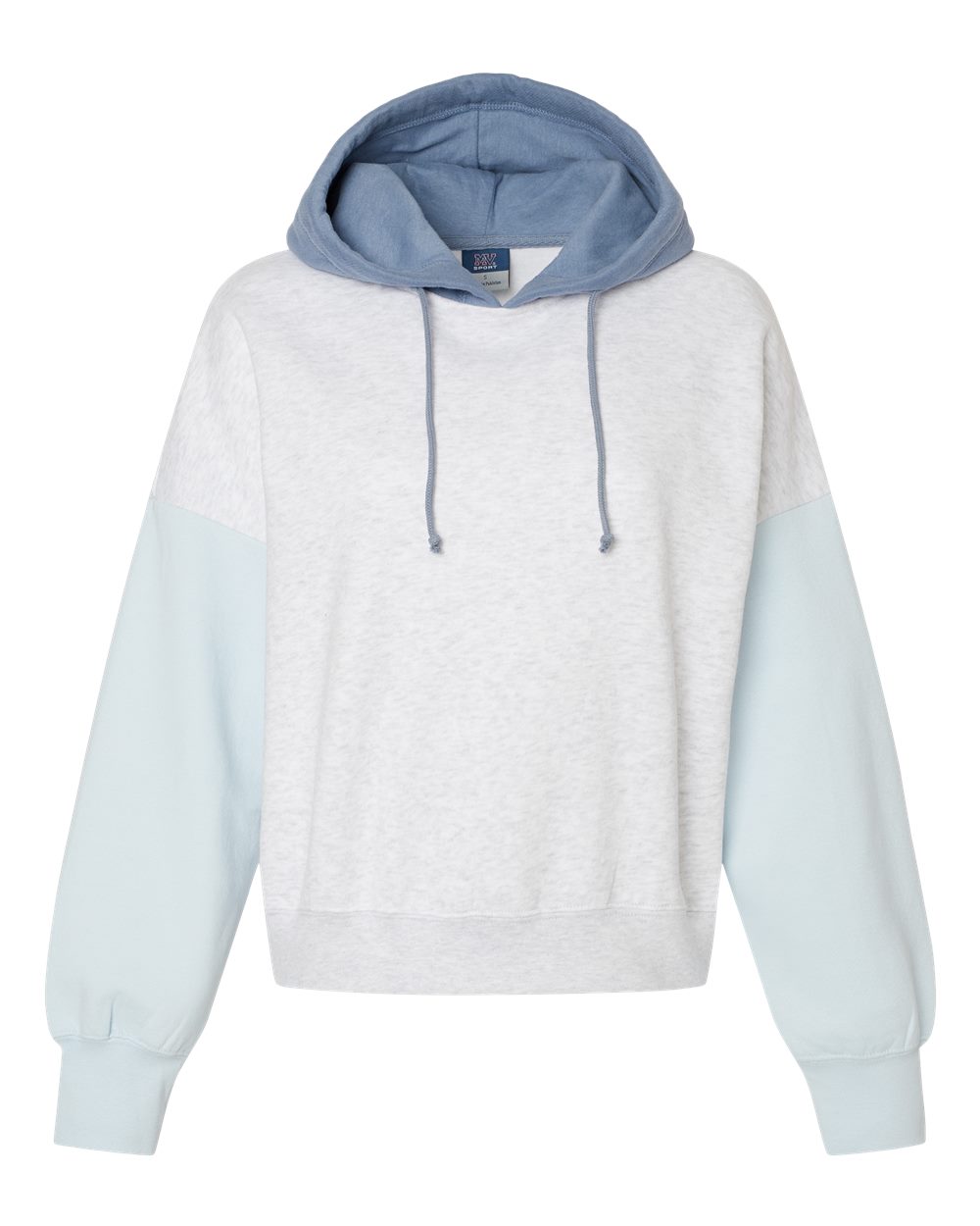 Front View of Arctic Blue Women's Sueded Fleece Colorblocked Crop Hooded Sweatshirt - W23716