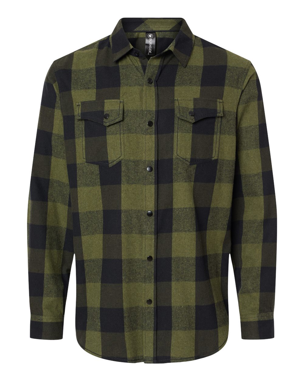 Front View of Army/ Black Snap Front Plaid Flannel Shirt - 8219
