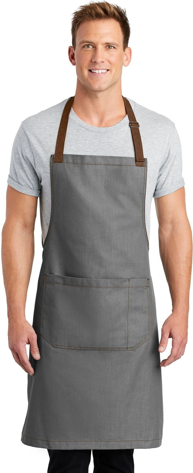 Front View of Ash Grey Port Authority Market Full-Length Bib Apron. A800