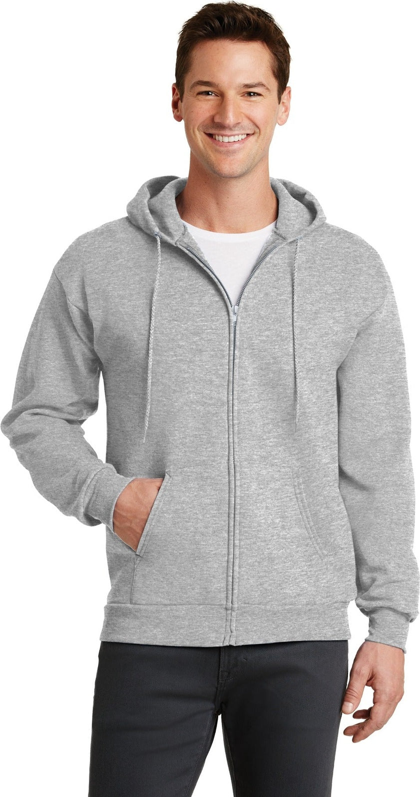 Front View of Ash Port & Co Core Fleece Full-Zip Hooded Sweatshirt. PC78ZH