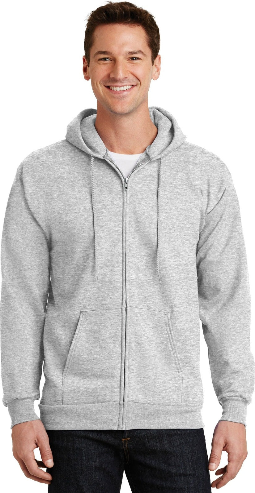 Front View of Ash Port & Co Essential Fleece Full-Zip Hooded Sweatshirt. PC90ZH