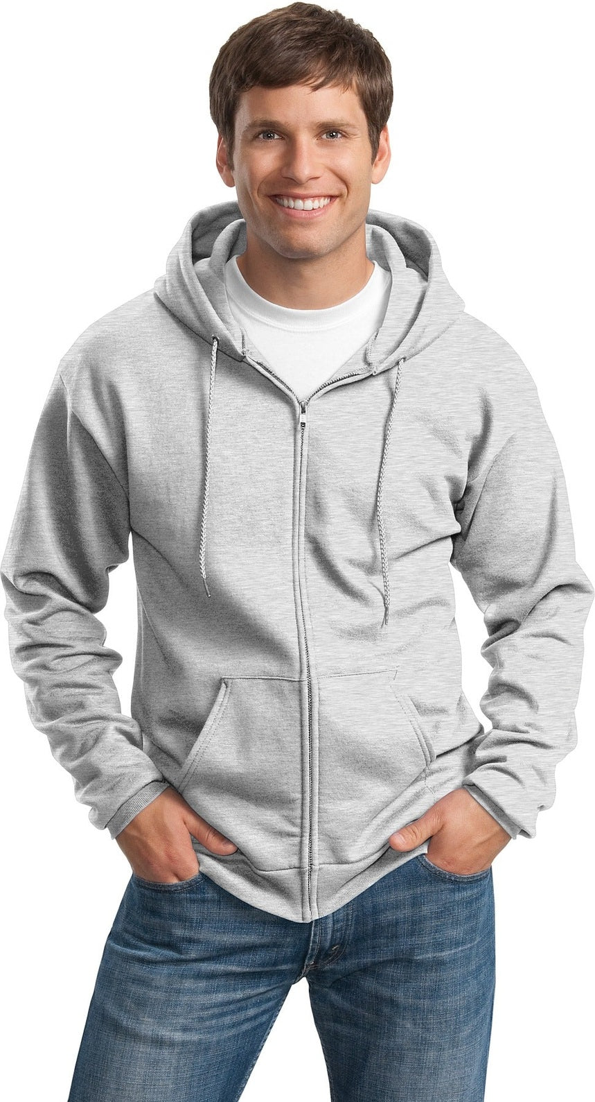 Front View of Ash Port & Co Tall Essential Fleece Full-Zip Hooded Sweatshirt. PC90ZHT