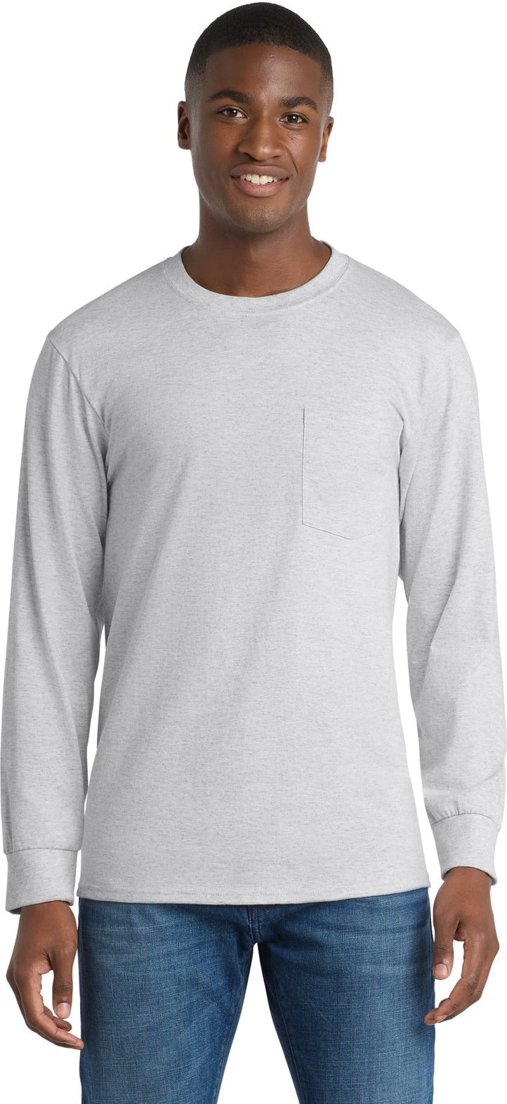 Front View of Ash Port & Co Tall Long Sleeve Essential Pocket Tee. PC61LSPT