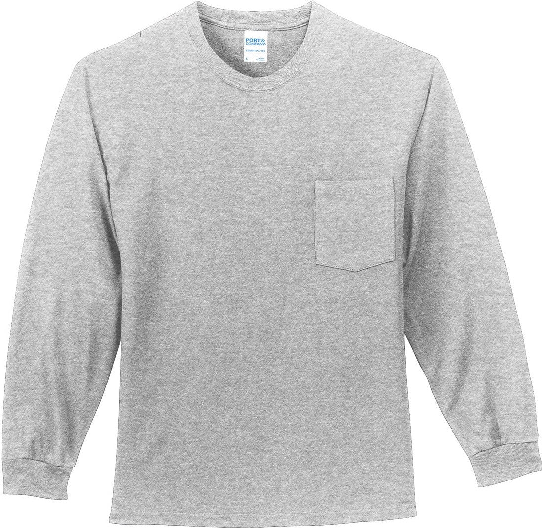 Front View of Ash Port & Co Tall Long Sleeve Essential Pocket Tee. PC61LSPT