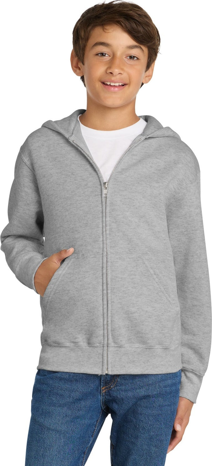 Front View of Ash Port & Co Youth Core Fleece Full-Zip Hooded Sweatshirt. PC90YZH