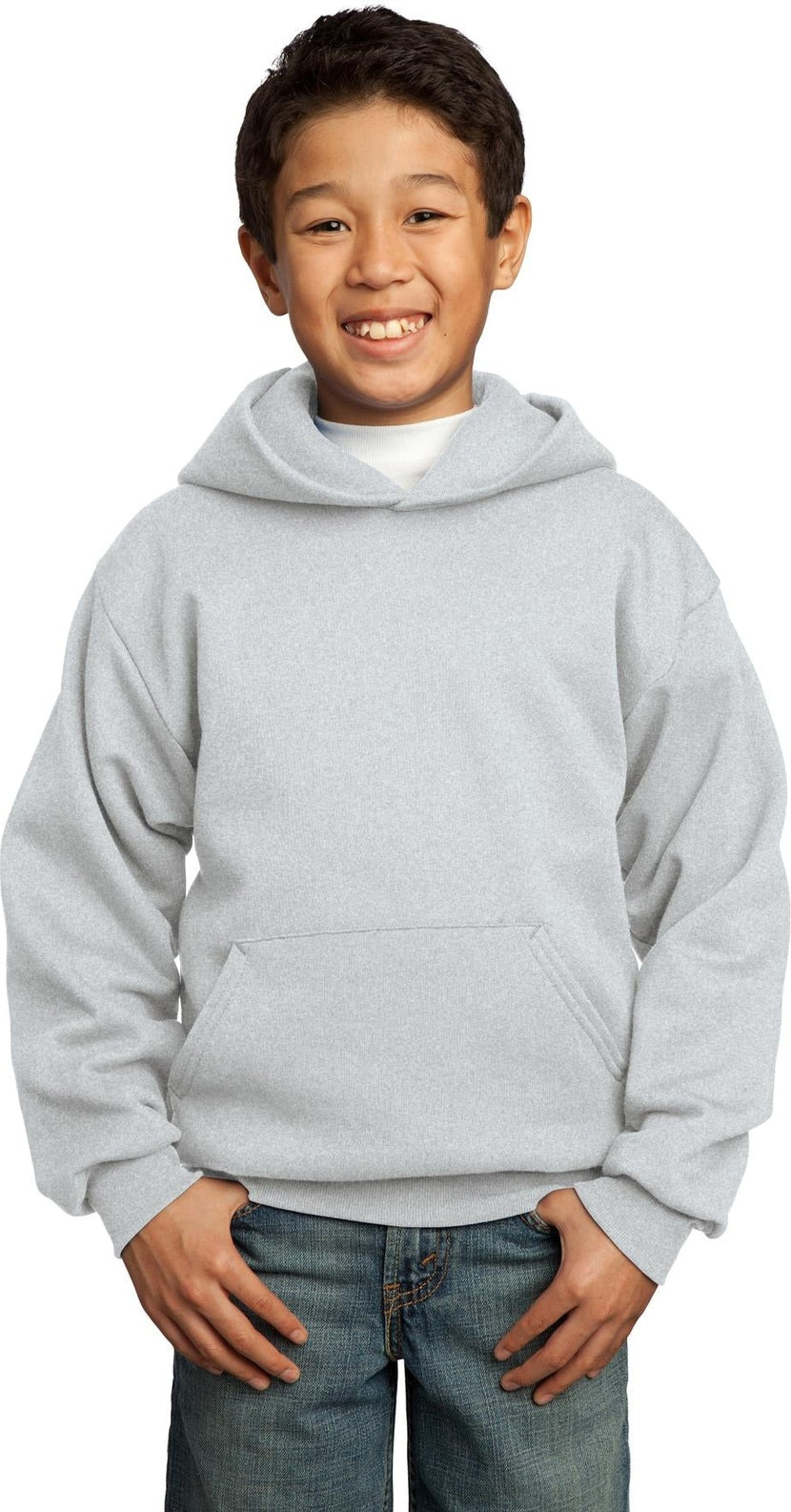 Front View of Ash Port & Co Youth Core Fleece Pullover Hooded Sweatshirt. PC90YH