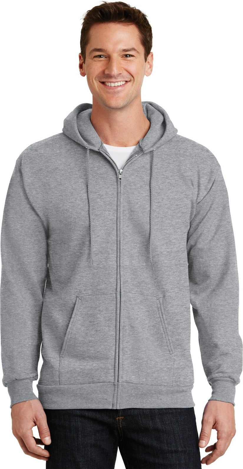 Front View of Ath Heather Port & Co Essential Fleece Full-Zip Hooded Sweatshirt. PC90ZH