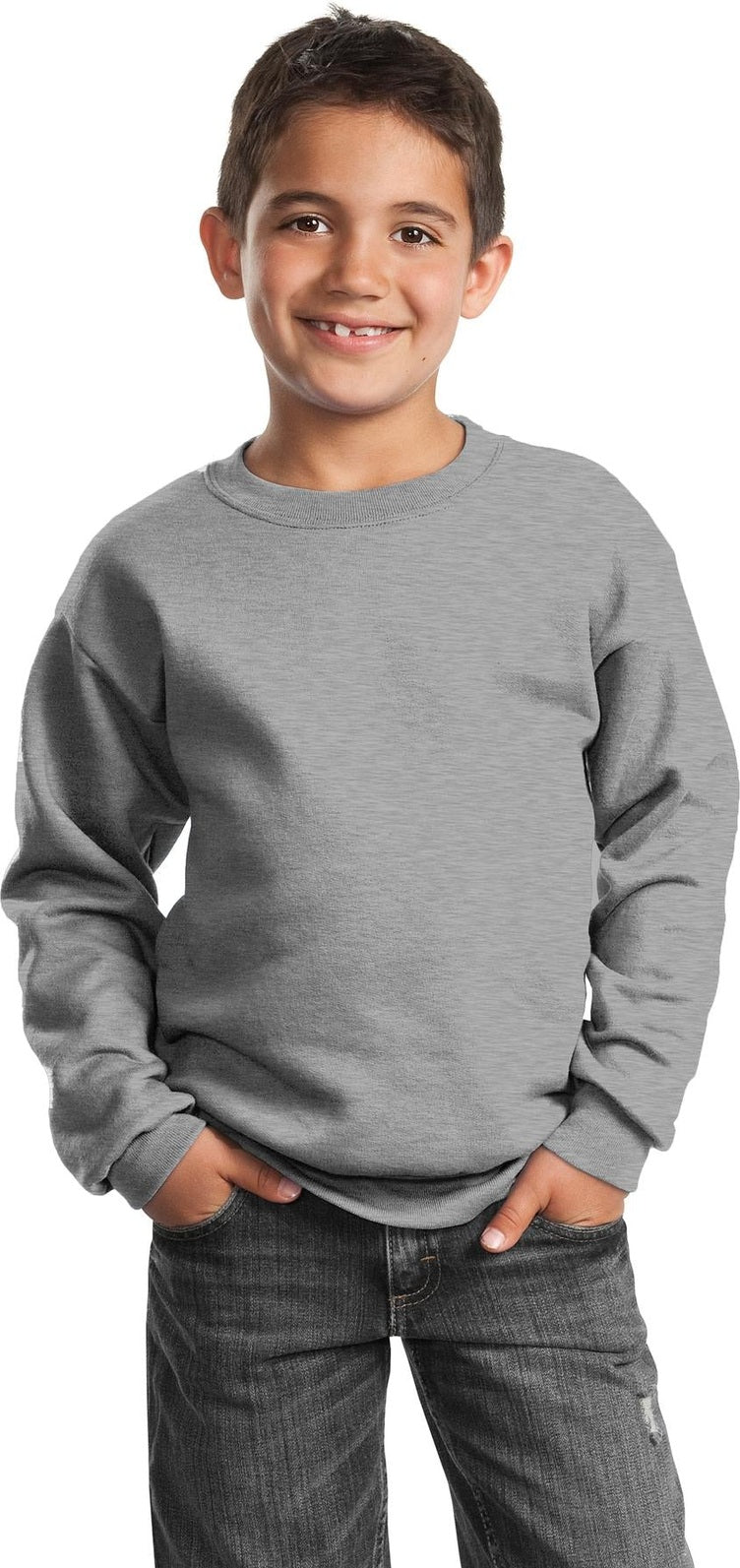 Front View of Ath. Heather Port & Co Youth Core Fleece Crewneck Sweatshirt. PC90Y
