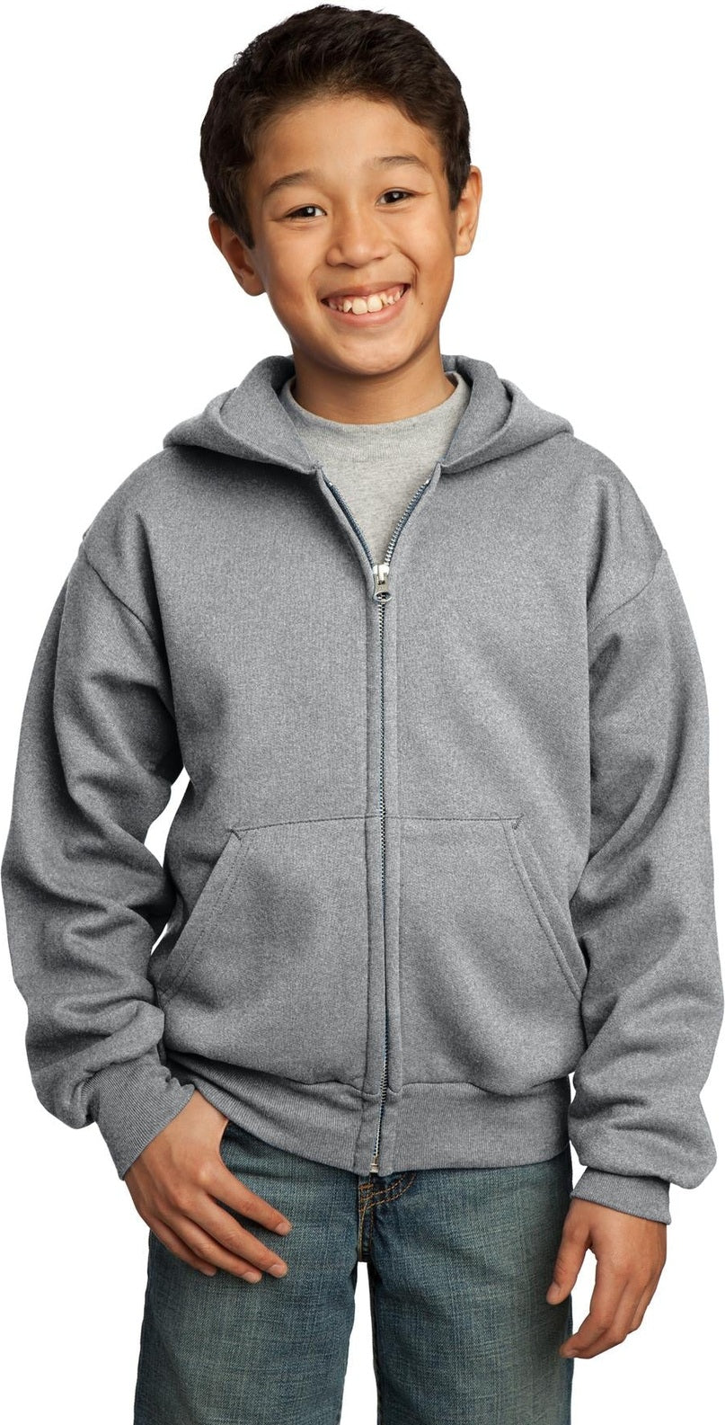 Front View of Ath Heather Port & Co Youth Core Fleece Full-Zip Hooded Sweatshirt. PC90YZH