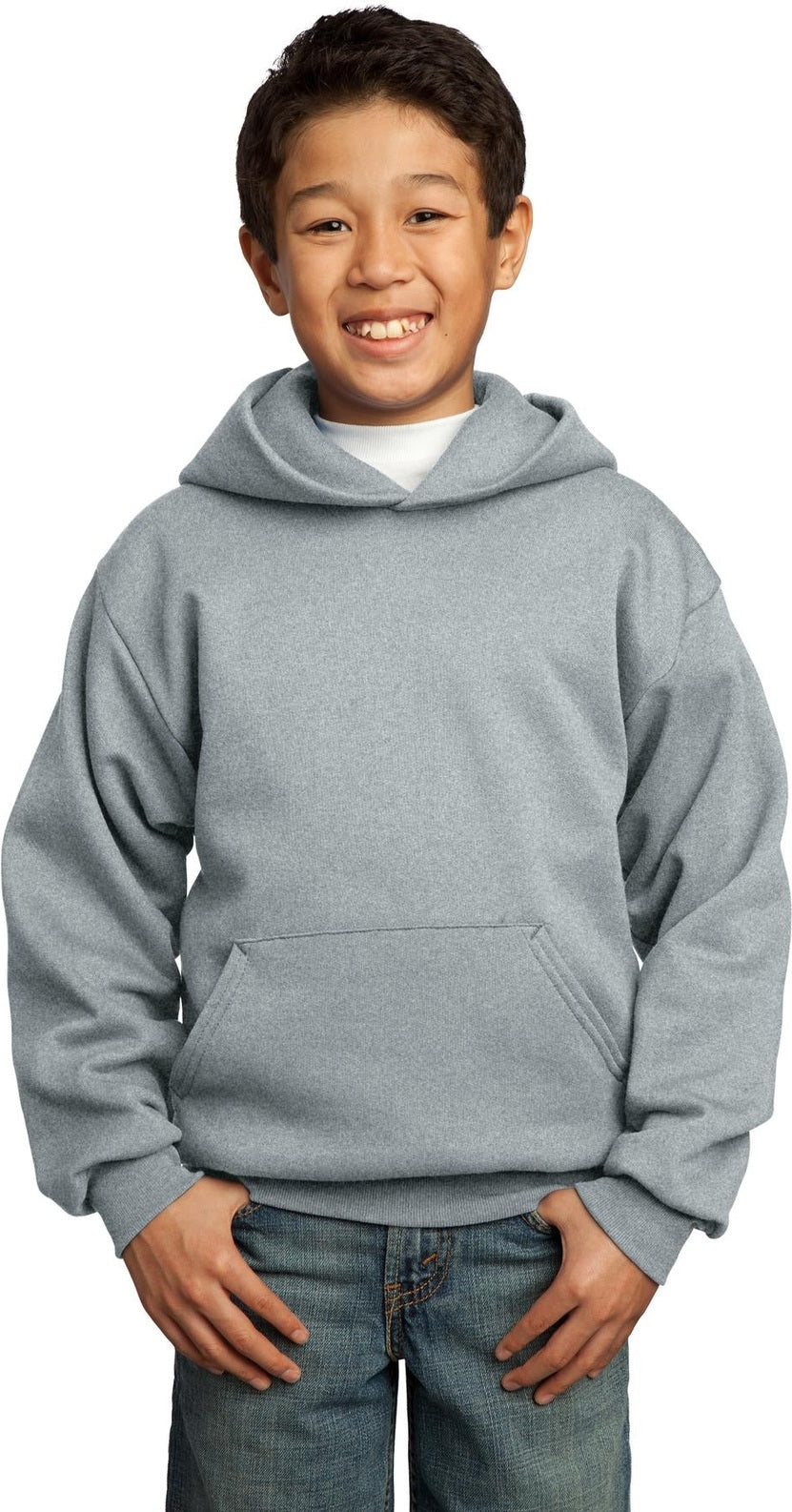 Front View of Ath. Heather Port & Co Youth Core Fleece Pullover Hooded Sweatshirt. PC90YH