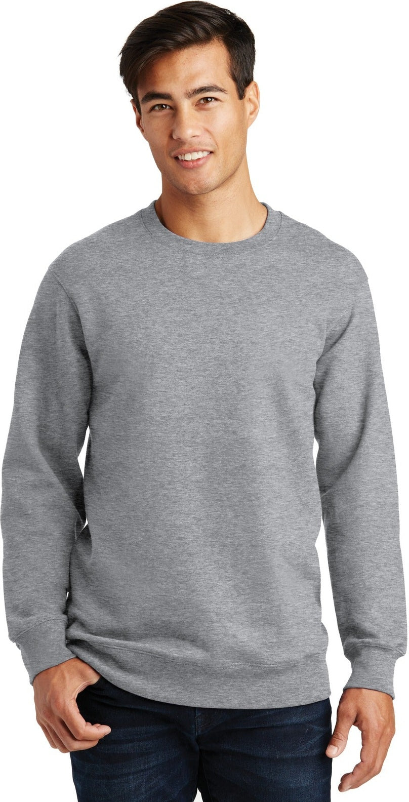 Front View of Athl Heather Port & Co Fan Favorite Fleece Crewneck Sweatshirt. PC850