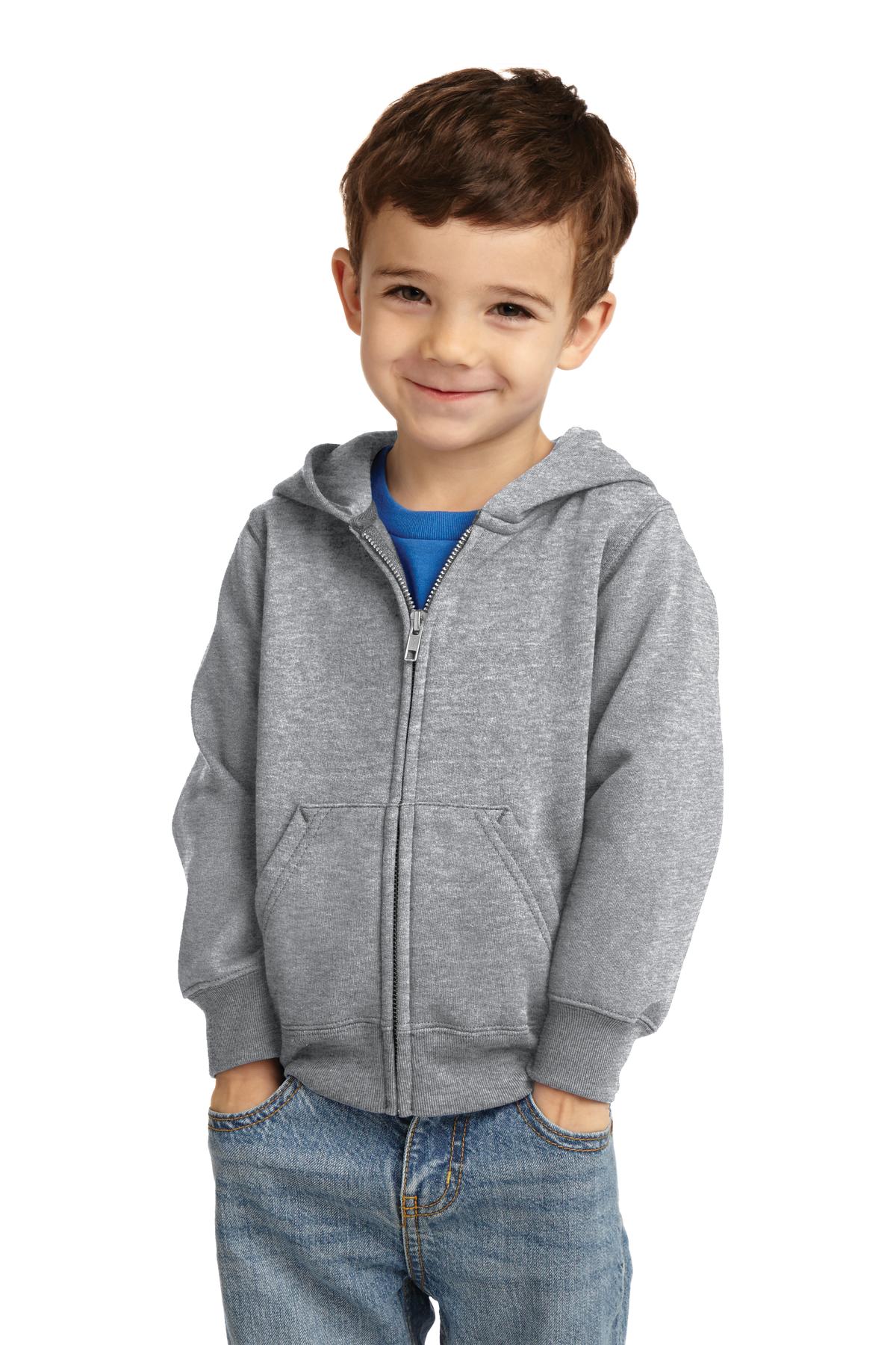 Front View of Athl Heather Port & Co Toddler Core Fleece Full-Zip Hooded Sweatshirt. CAR78TZH