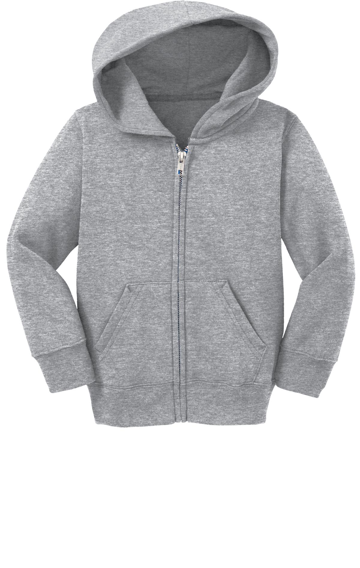 Front View of Athl Heather Port & Co Toddler Core Fleece Full-Zip Hooded Sweatshirt. CAR78TZH