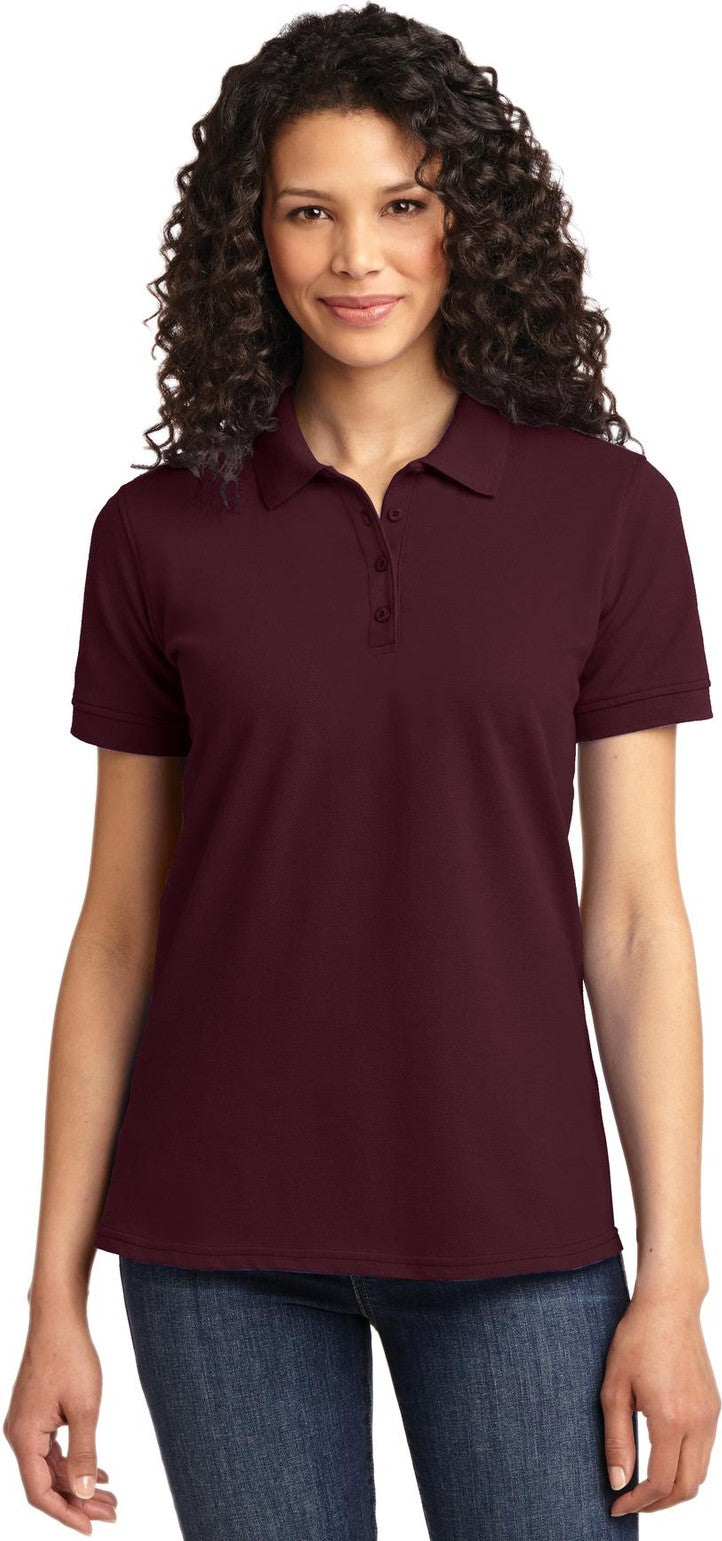 Front View of Athl Maroon Port & Co Women's Core Blend Pique Polo. LKP155