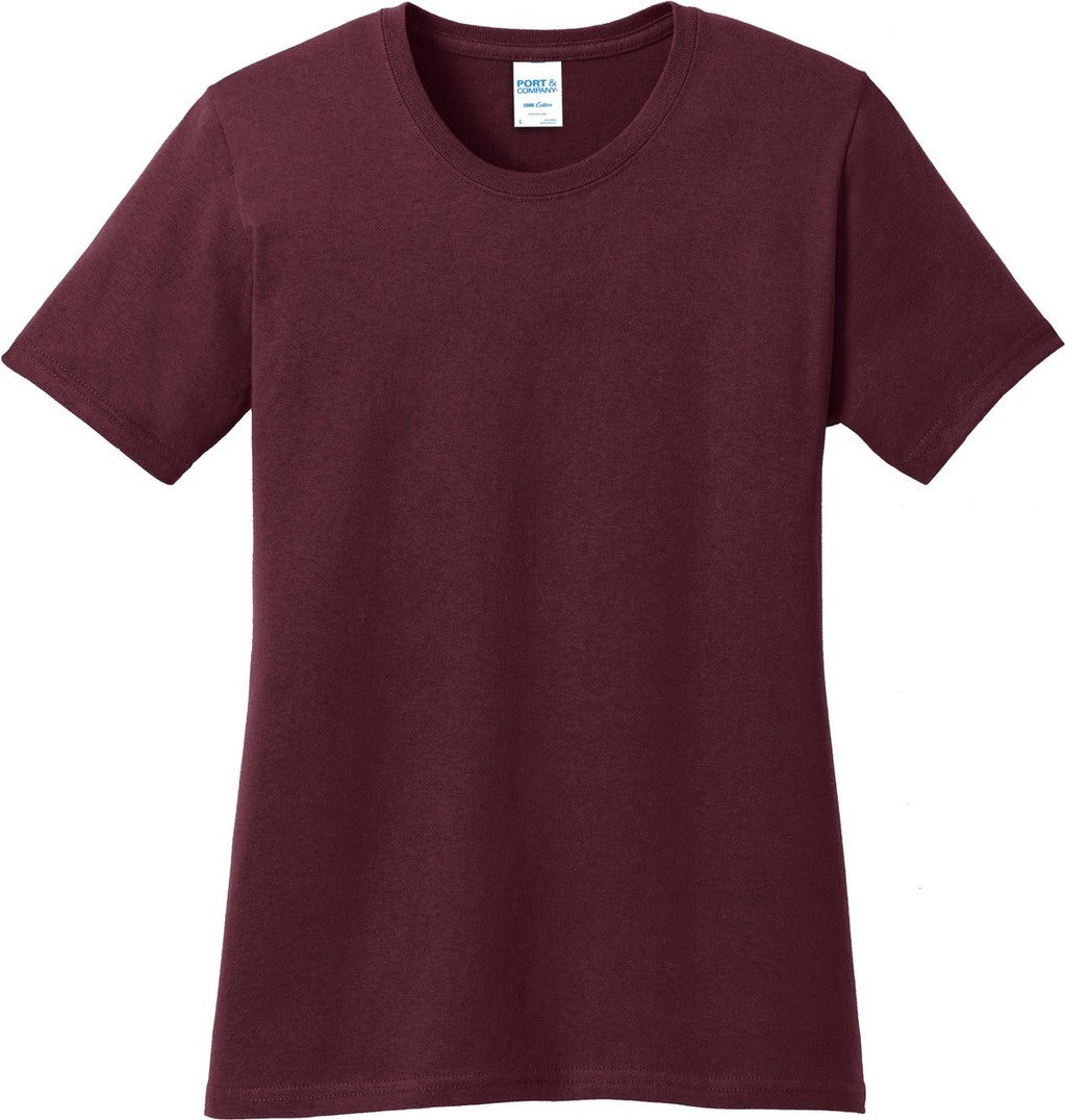 Front View of Athl Maroon Port & Co Women's Core Cotton Tee. LPC54
