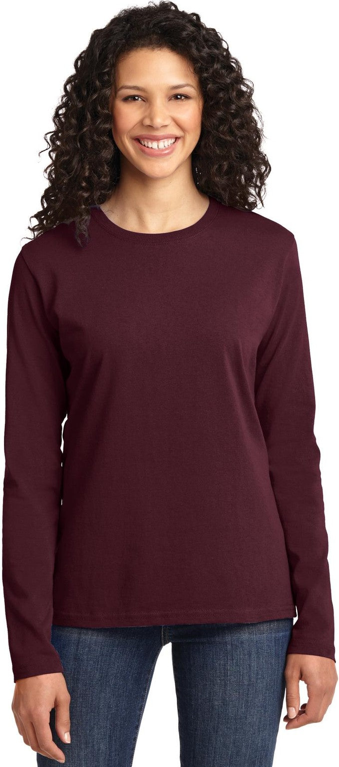 Front View of Athl Maroon Port & Co Women's Long Sleeve Core Cotton Tee. LPC54LS