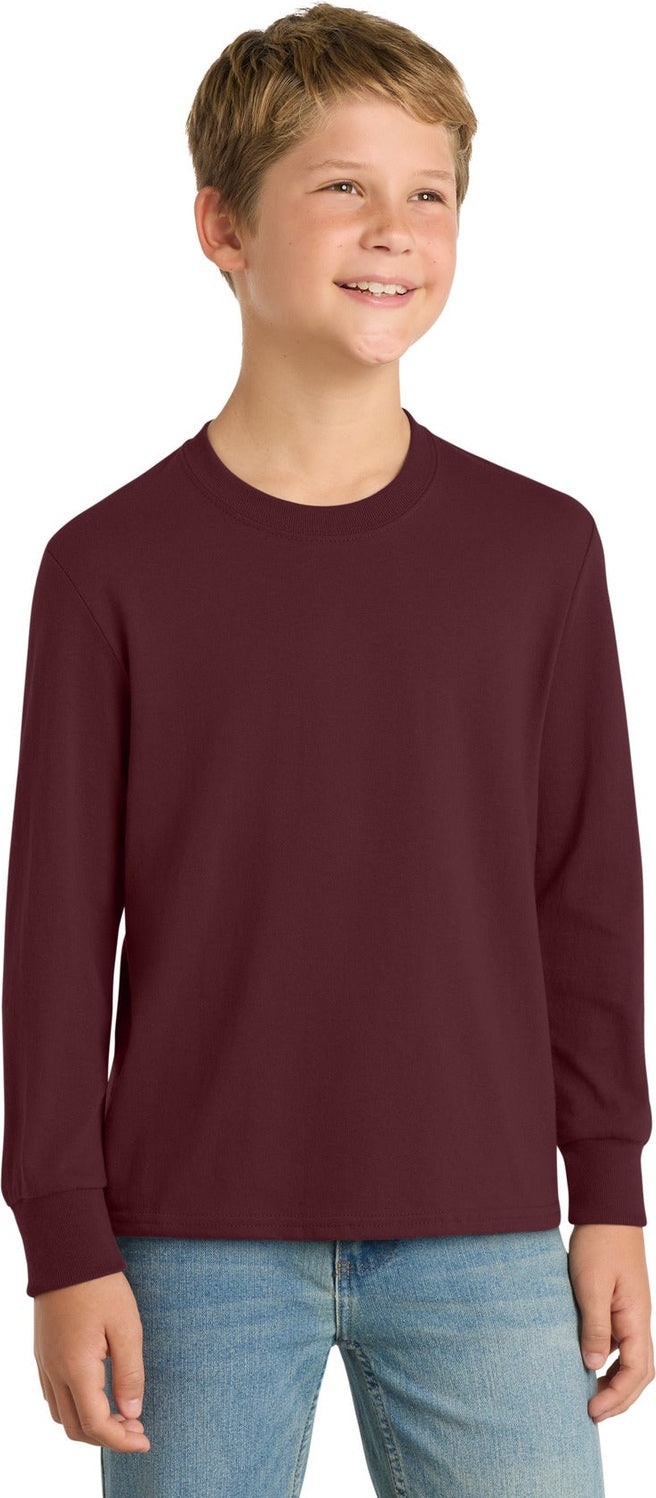 Front View of Athl Maroon Port & Co Youth Long Sleeve Core Cotton Tee. PC54YLS