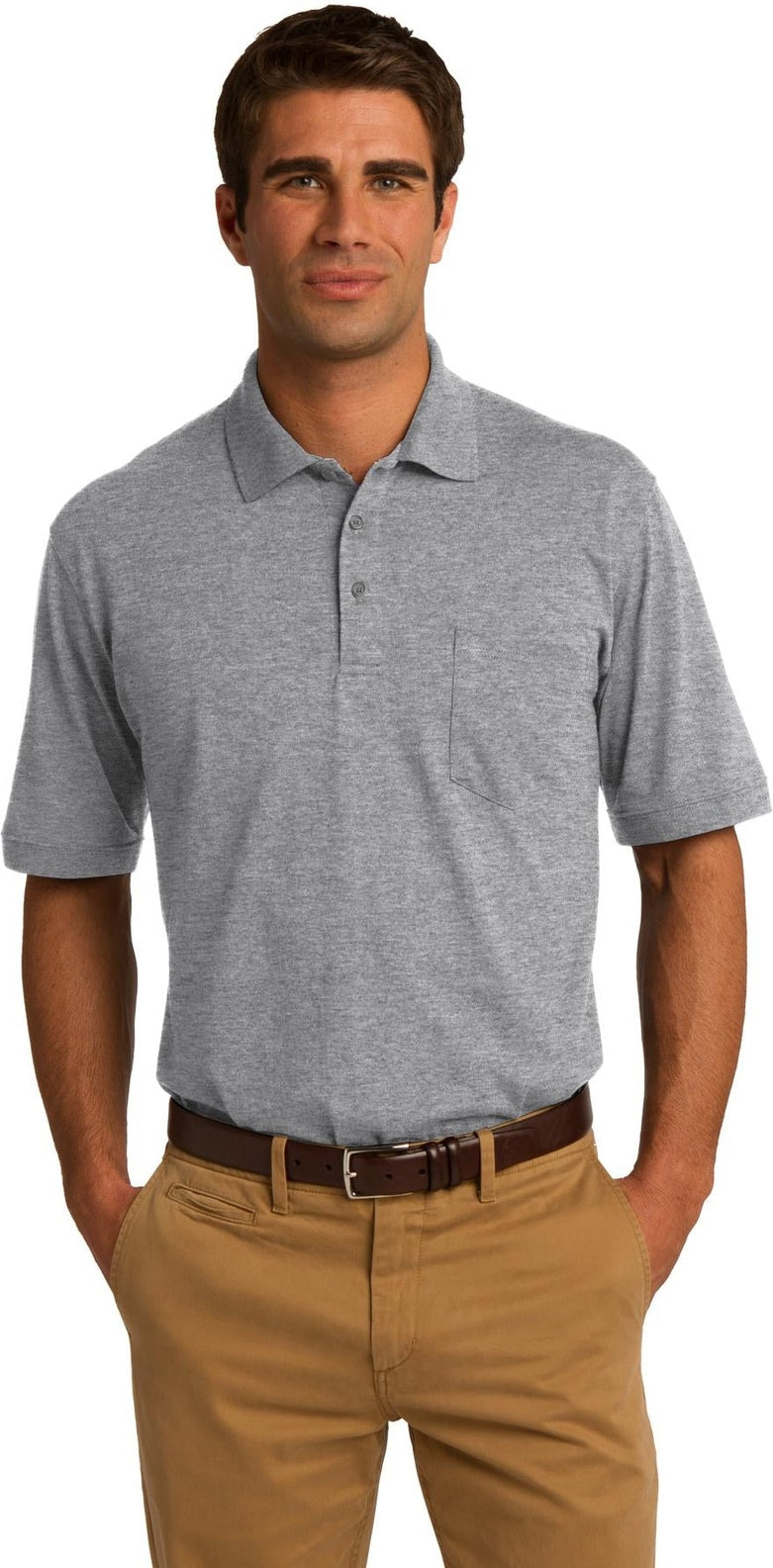 Front View of Athletic Hthr Port & Co Core Blend Jersey Knit Pocket Polo. KP55P