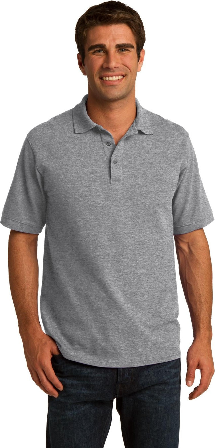 Front View of Athletic Hthr Port & Co Core Blend Pique Polo. KP155