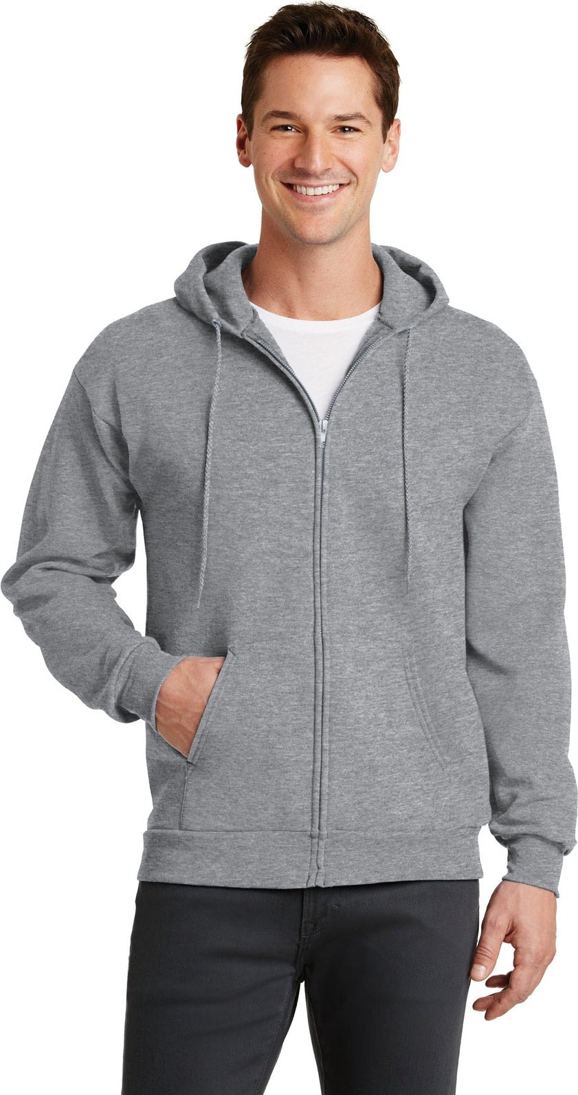 Front View of Athletic Hthr Port & Co Core Fleece Full-Zip Hooded Sweatshirt. PC78ZH
