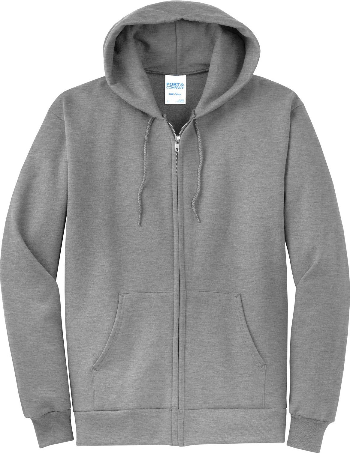 Front View of Athletic Hthr Port & Co Core Fleece Full-Zip Hooded Sweatshirt. PC78ZH