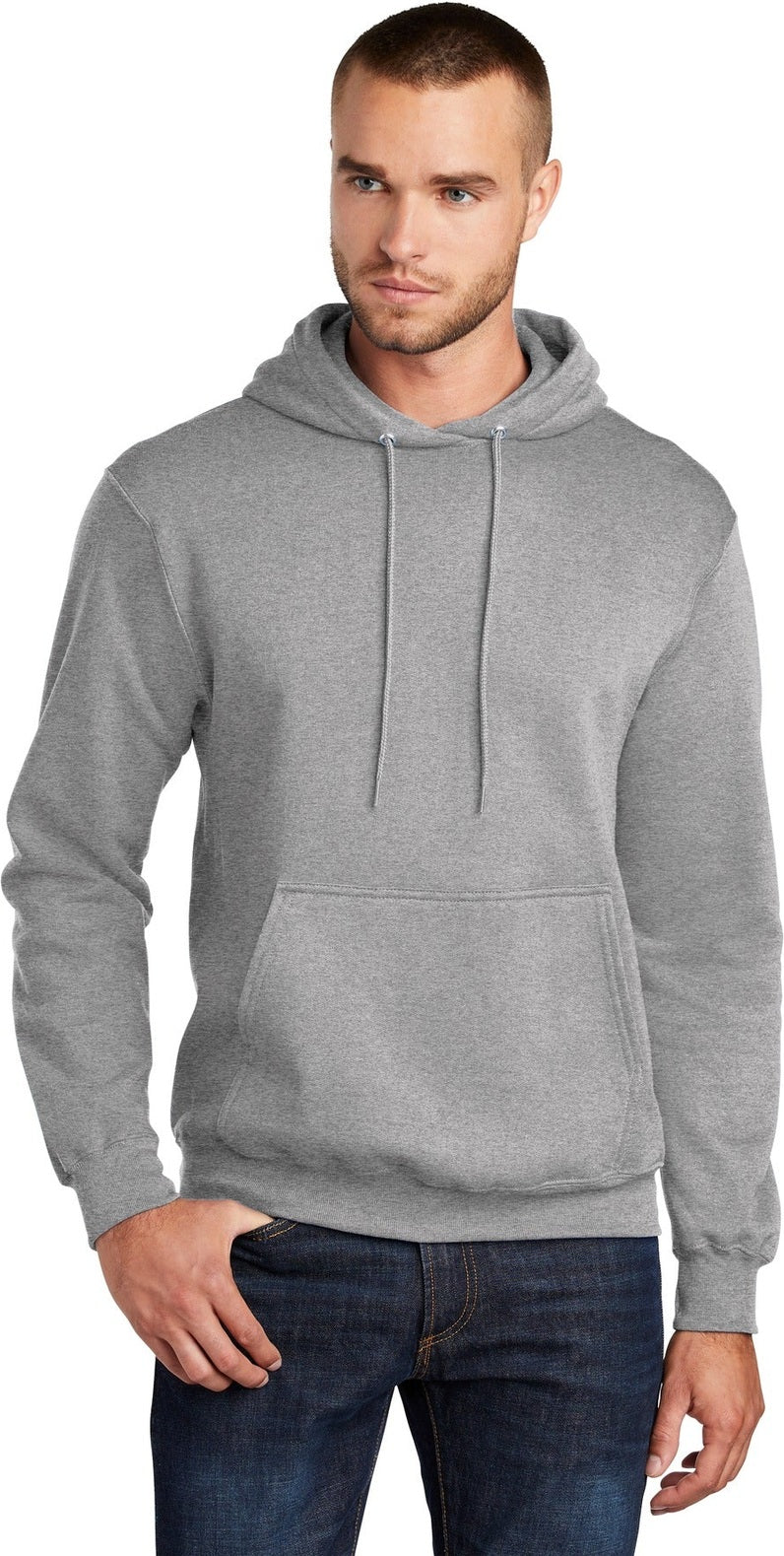 Front View of Athletic Hthr Port & Co Core Fleece Pullover Hooded Sweatshirt. PC78H