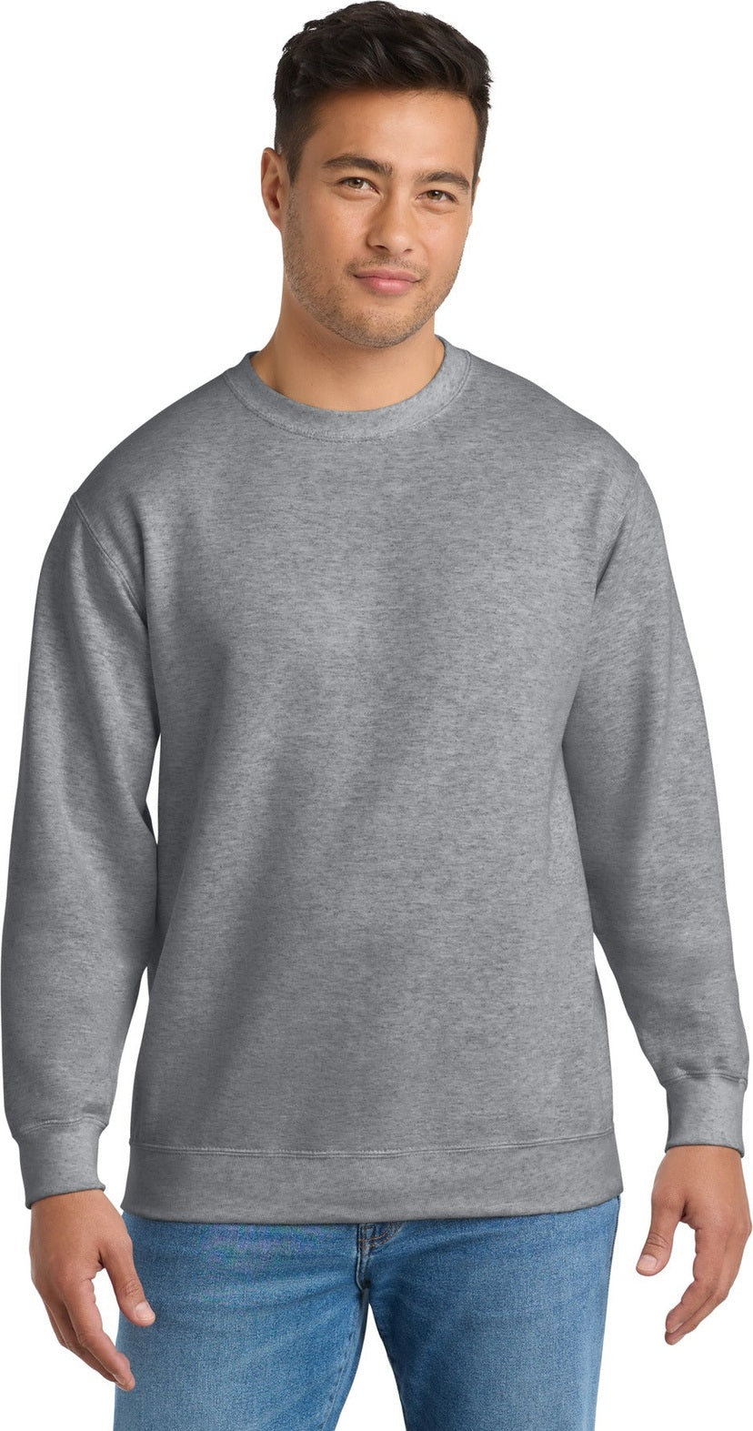 Front View of Athletic Hthr Port & Co Essential Fleece Crewneck Sweatshirt. PC90