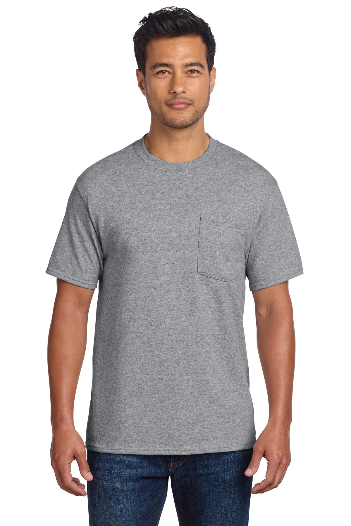 Front View of Athletic Hthr Port & Co Essential Pocket Tee. PC61P