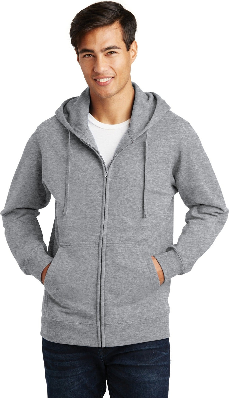 Front View of Athletic Hthr Port & Co Fan Favorite Fleece Full-Zip Hooded Sweatshirt. PC850ZH